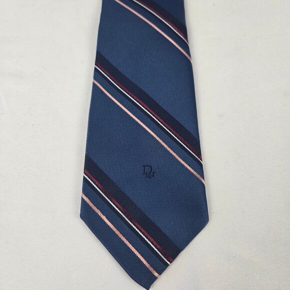 Christian Dior Men's Tie Silk Blend Blue with Multicolor Diagonal Stripes Office - Picture 2 of 7